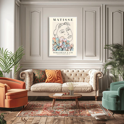 Matisse Line Art Print, Modernist Face with Flowers, Henri Matisse Poster, Minimalist Wall Art, Elegant Fine Art Print