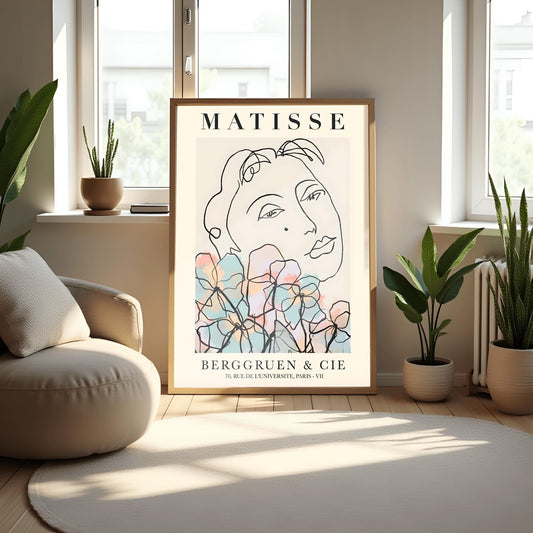 Matisse Line Art Print, Modernist Face with Flowers, Henri Matisse Poster, Minimalist Wall Art, Elegant Fine Art Print