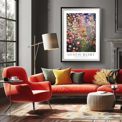 Gustav Klimt Print Flower Garden Poster - Klimt Museum & Exhibition Art, Single Butterfly Painting Wall Decor, Vibrant Meadow, Garden Poster
