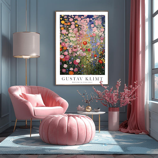 Gustav Klimt Print Flower Garden Poster - Klimt Museum & Exhibition Art, Single Butterfly Painting Wall Decor, Vibrant Meadow, Garden Poster
