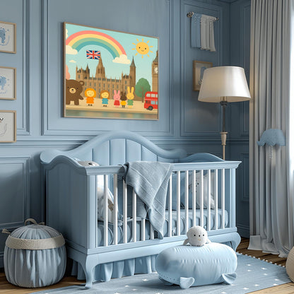 London Kids Art Poster, Big Ben Nursery Wall Decor, Cute Travel Print, British Flag Art, Playroom Decor, Double Decker Bus