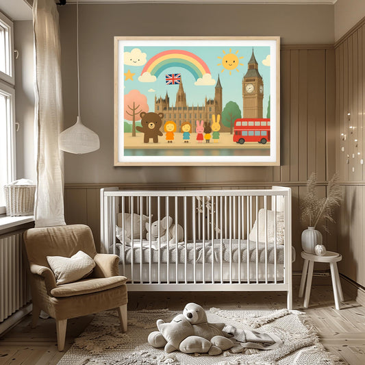 London Kids Art Poster, Big Ben Nursery Wall Decor, Cute Travel Print, British Flag Art, Playroom Decor, Double Decker Bus