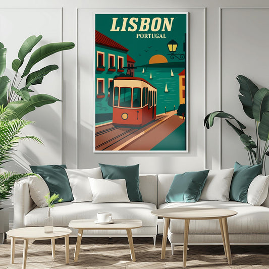 Vintage Lisbon Travel Poster, Portugal Art Print, Retro Tram Wall Decor, Mid-Century Modern Art, Cityscape Art, Travel Lover Gift