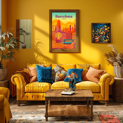 Barcelona Poster Gaudi Art Print, Retro Spain Cityscape Decor, Vibrant Travel Wall Art, Barcelona Souvenir Gift