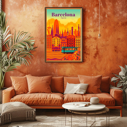 Barcelona Poster Gaudi Art Print, Retro Spain Cityscape Decor, Vibrant Travel Wall Art, Barcelona Souvenir Gift