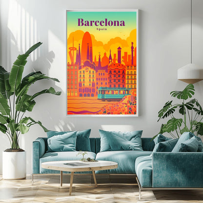 Barcelona Poster Gaudi Art Print, Retro Spain Cityscape Decor, Vibrant Travel Wall Art, Barcelona Souvenir Gift