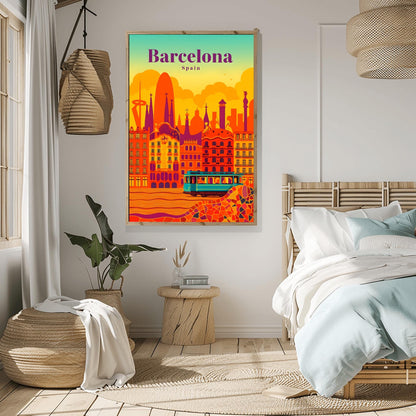 Barcelona Poster Gaudi Art Print, Retro Spain Cityscape Decor, Vibrant Travel Wall Art, Barcelona Souvenir Gift