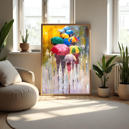 Umbrella Art Print, Colorful Rainy Day Wall Art, Vibrant Urban Scene, Modern Home Decor Gift