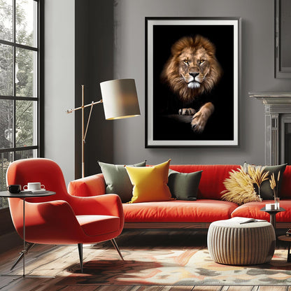 Dramatic Lion Portrait Print, Majestic Lion Wall Art, Intense Amber Eyes Poster, Realistic Wildlife Photography, African Safari Decor