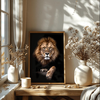Dramatic Lion Portrait Print, Majestic Lion Wall Art, Intense Amber Eyes Poster, Realistic Wildlife Photography, African Safari Decor