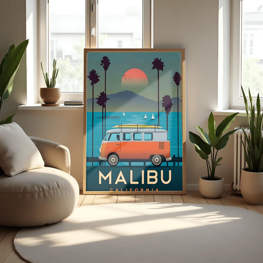 Vintage Malibu Travel Poster, California Bus Print, Retro Surf Art, Van Bus Decor, Mid-century Modern Illustration, Beach House Wall Art