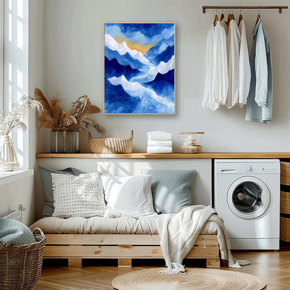Watercolor Mountain Print, Snowy Landscape Poster, Serene Blue Mountain Art, Nature Wall Decor, Abstract Winter Landscape Rustic Cabin Print