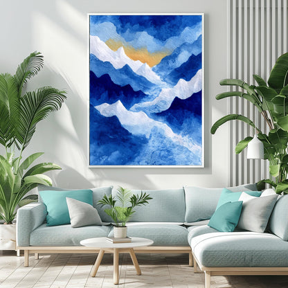 Watercolor Mountain Print, Snowy Landscape Poster, Serene Blue Mountain Art, Nature Wall Decor, Abstract Winter Landscape Rustic Cabin Print
