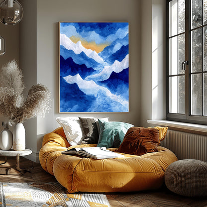Watercolor Mountain Print, Snowy Landscape Poster, Serene Blue Mountain Art, Nature Wall Decor, Abstract Winter Landscape Rustic Cabin Print
