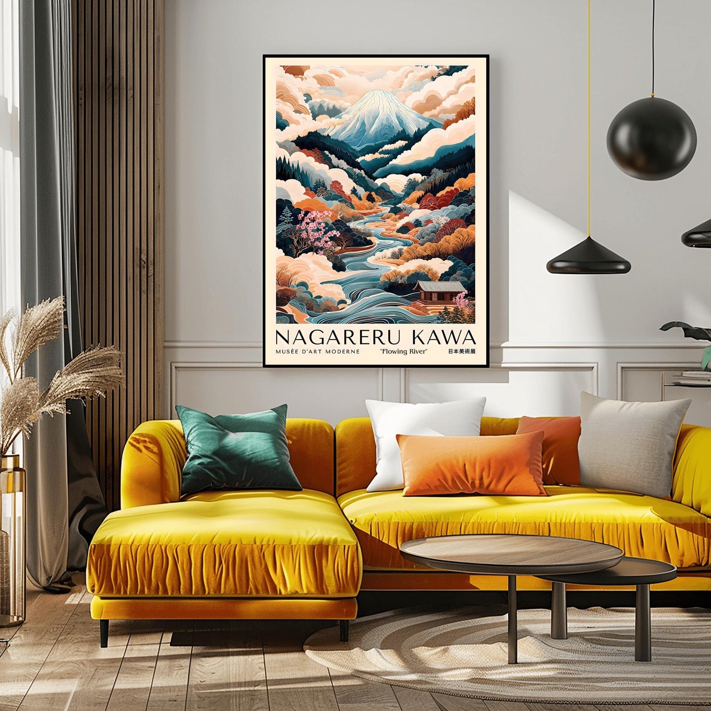 Japanese Landscape Print, Mount Fuji Poster, Flowing River Autumn Foliage Art, Serene Japanese Wall Art, Nagare-ru Kawa, Japan Travel Poster