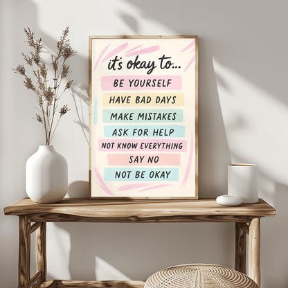 It's Okay To Motivational Poster, Self-Care Inspirational Print, Mental Health Art, Positive Affirmations Wall Decor, Pastel Quote Poster