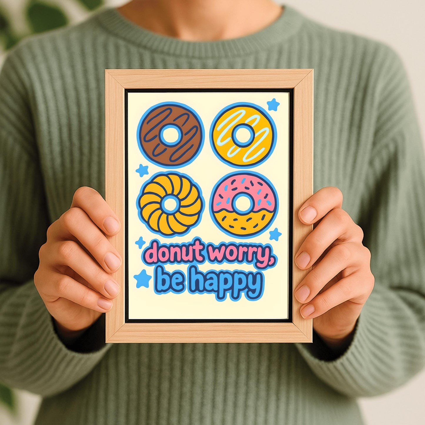 Donut Worry Be Happy Poster, Cute Donut Wall Art, Funny Food Pun Print, Playful Kitchen Decor, Kids Room Art, Inspirational Quote Print