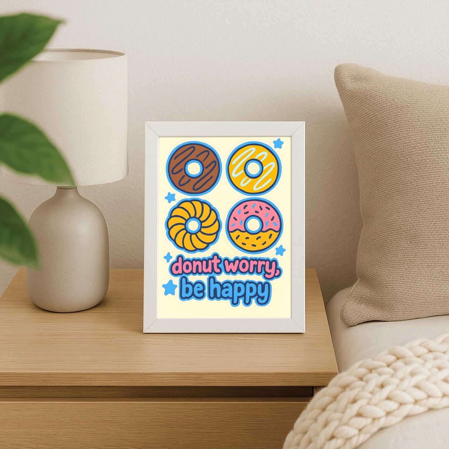 Donut Worry Be Happy Poster, Cute Donut Wall Art, Funny Food Pun Print, Playful Kitchen Decor, Kids Room Art, Inspirational Quote Print