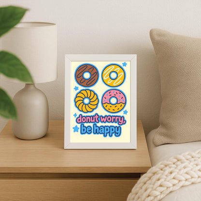 Donut Worry Be Happy Poster, Cute Donut Wall Art, Funny Food Pun Print, Playful Kitchen Decor, Kids Room Art, Inspirational Quote Print