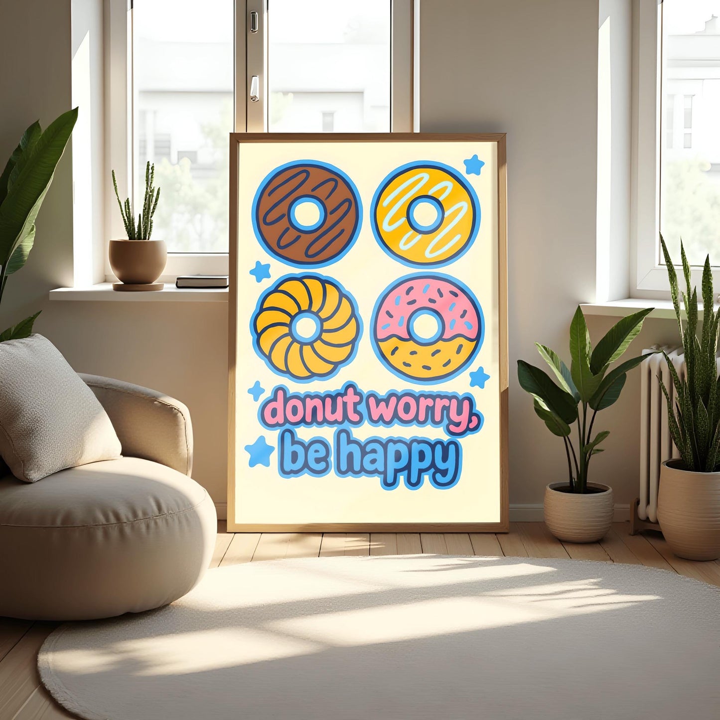 Donut Worry Be Happy Poster, Cute Donut Wall Art, Funny Food Pun Print, Playful Kitchen Decor, Kids Room Art, Inspirational Quote Print