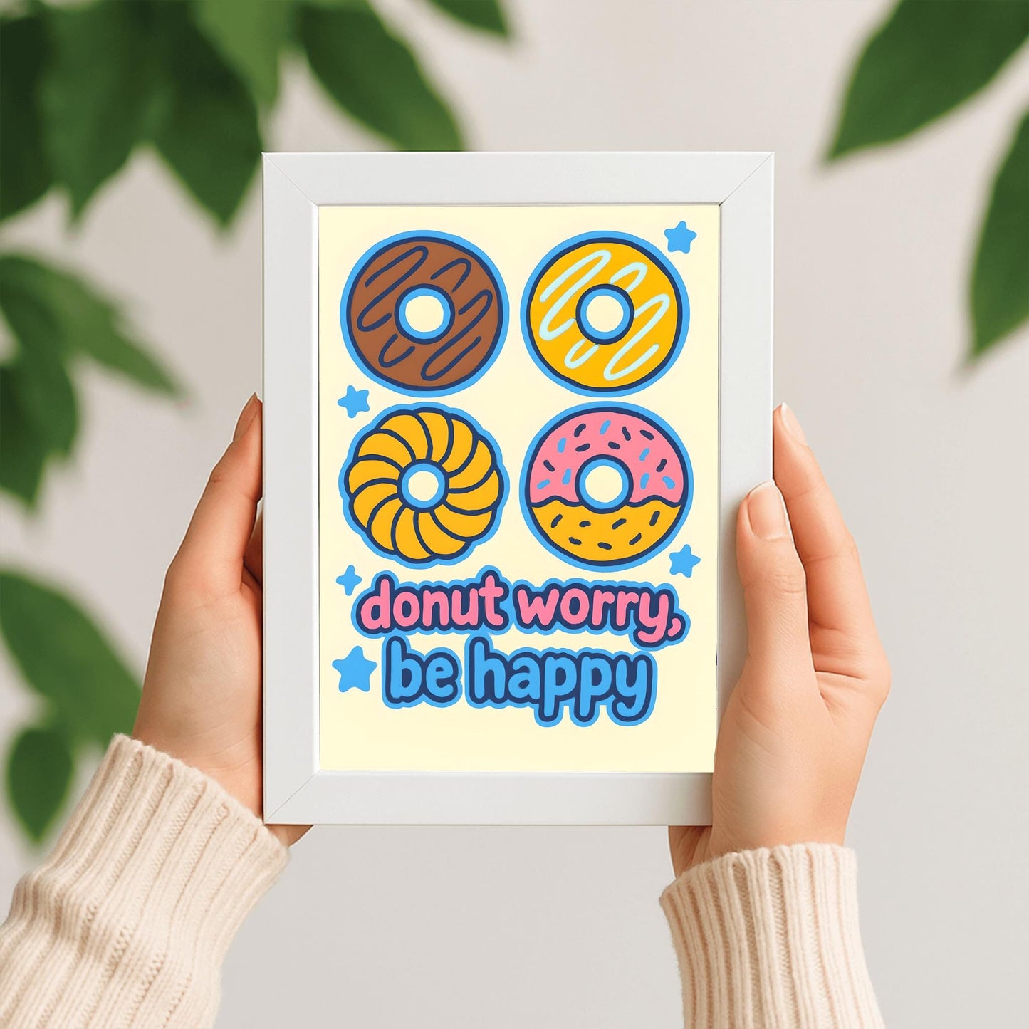 Donut Worry Be Happy Poster, Cute Donut Wall Art, Funny Food Pun Print, Playful Kitchen Decor, Kids Room Art, Inspirational Quote Print