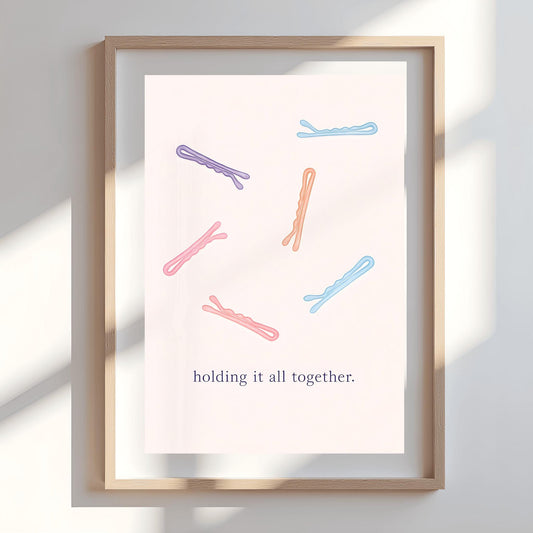 Holding it all together. Bobby Pin Print, Minimalist Hairpin Art, Funny Quote Poster, Bathroom Decor, Vanity Wall Art