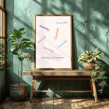 Holding it all together. Bobby Pin Print, Minimalist Hairpin Art, Funny Quote Poster, Bathroom Decor, Vanity Wall Art
