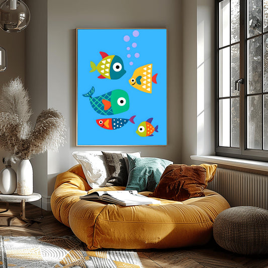 Kids Room Fish Poster, Nursery Wall Art, Playful Cartoon Fish Print, Underwater Theme Decor, Baby Room Art