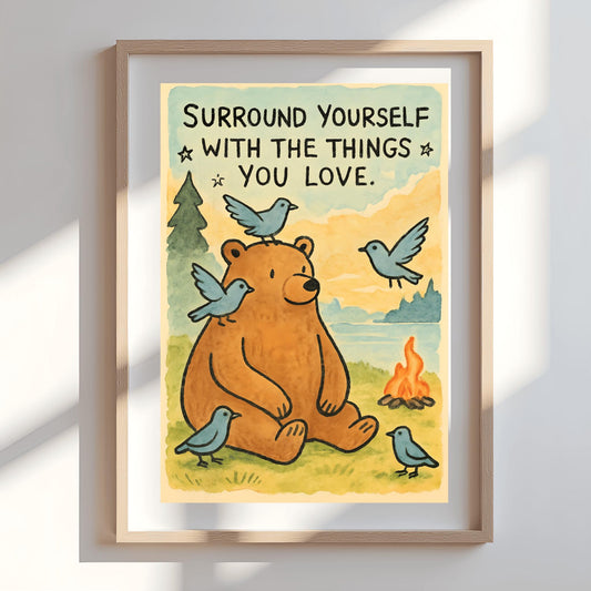 Surround Yourself with the Things You Love Poster, Bear Art Print, Whimsical Quote Poster, Nature Lover Gift, Kids Room Decor
