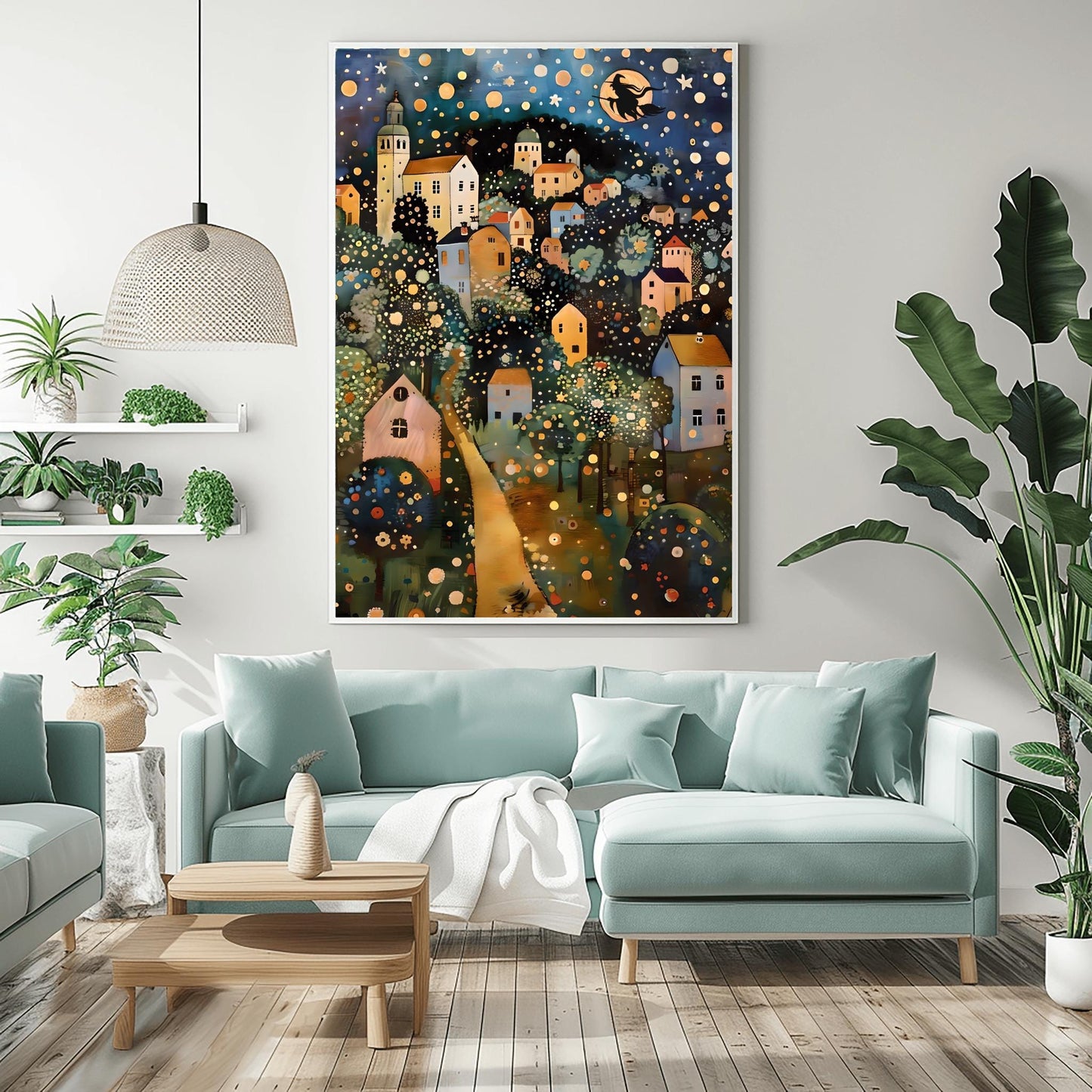 Halloween Witch on Broomstick Poster, Whimsical Night Village Print, Klimt Inspired Art, Fantasy Wall Decor, Physical Print