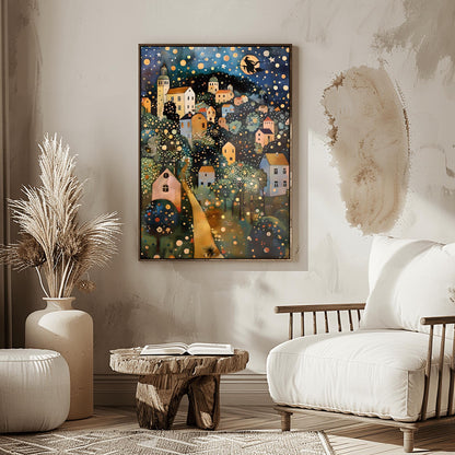 Halloween Witch on Broomstick Poster, Whimsical Night Village Print, Klimt Inspired Art, Fantasy Wall Decor, Physical Print