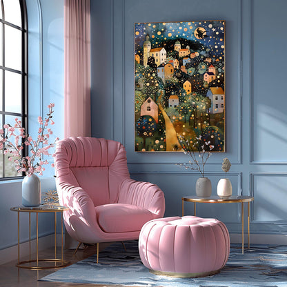 Halloween Witch on Broomstick Poster, Whimsical Night Village Print, Klimt Inspired Art, Fantasy Wall Decor, Physical Print