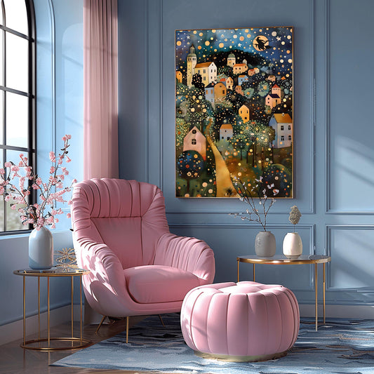 Halloween Witch on Broomstick Poster, Whimsical Night Village Print, Klimt Inspired Art, Fantasy Wall Decor, Physical Print